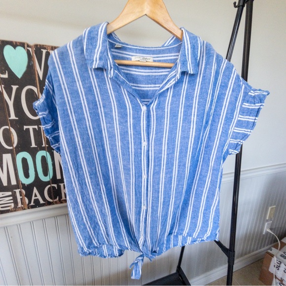 Jachs Girlfriend Blue & White Short Sleeve Button Up Blouse Tie Front Size L - Picture 6 of 9